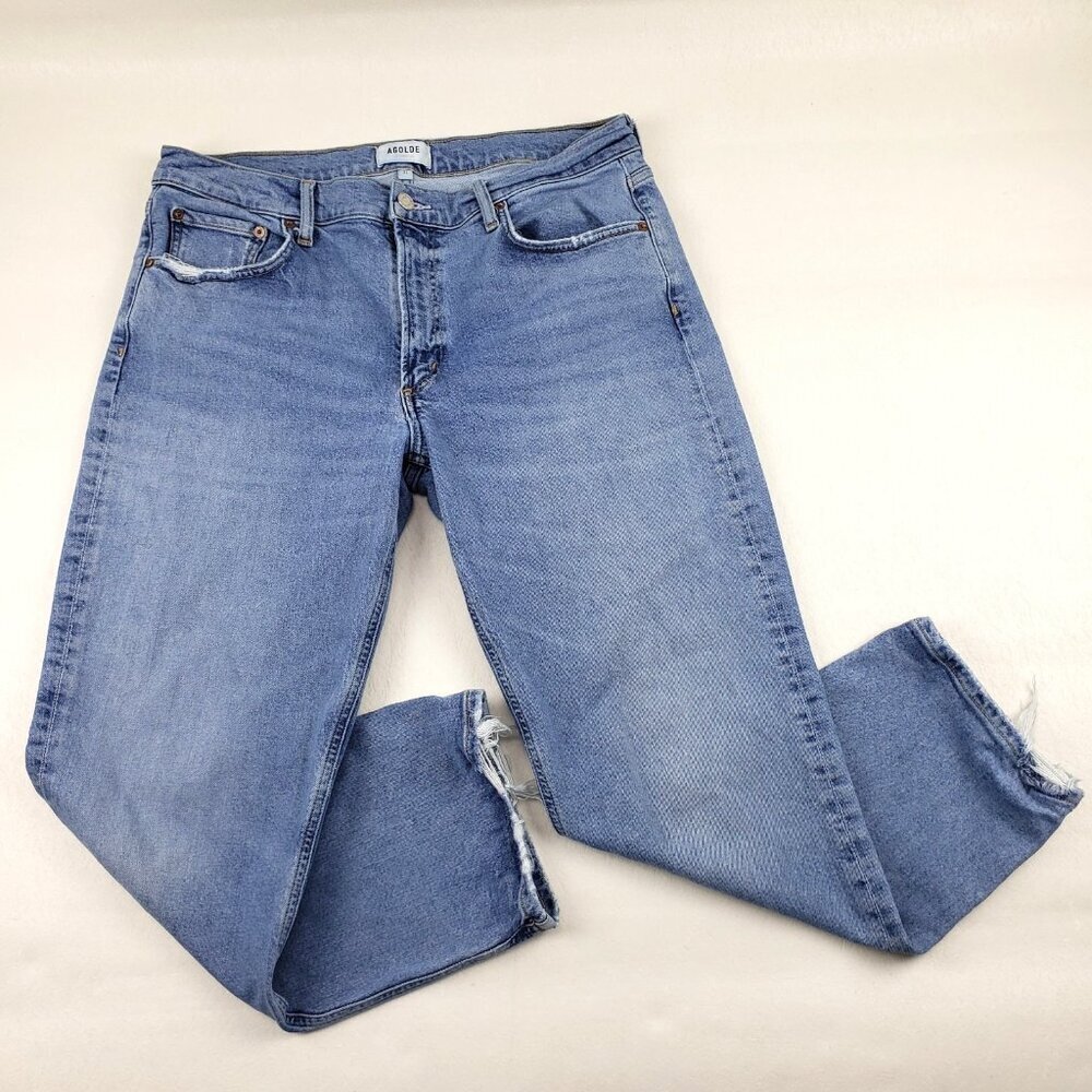 Agolde Kye Midrise Straight Crop Jean Womens 31 Blue Medium Wash Distress Hem